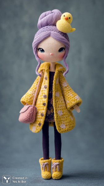 Милая кукла ручной работы с фиолетовыми волосами и дождевиком с утятами. Изображение из нейронной сети Midjourney