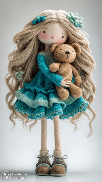 Милая вязаная кукла с золотыми волосами и медвежонком. Нейронная сеть Midjourney