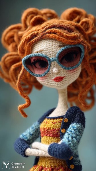Кукла вязаная ручная работа в голубом купальнике и солнечных очках на белом фоне. Генерация из нейронной сети Midjourney