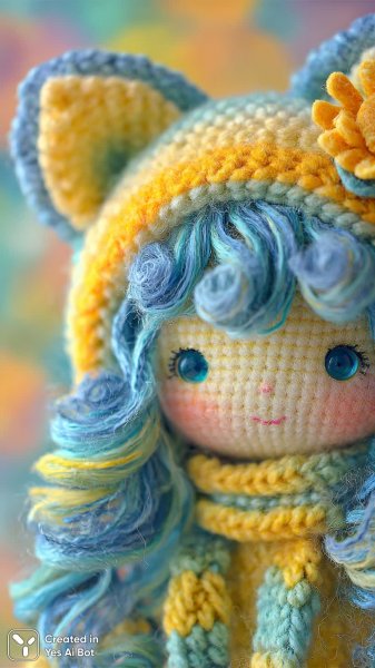 Ажурная кукла с розовыми и голубыми локонами, яркие краски и очаровательный образ. Картинка из нейронной сети Миджорни
