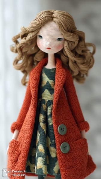 Вязаная кукла с золотыми волосами в красном пальто и зеленом платье. Генерация из нейросети Midjourney