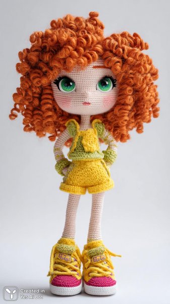 Забавная кукла амигуруми с розовыми кроссовками и рыжими волосами. Изображение из нейросети Миджорни