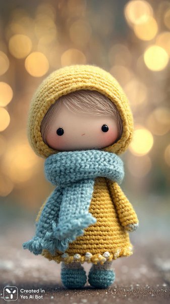 Вязаная кукла в синем шарфе и жёлтом платье с капюшоном: очаровательный образ. Изображение из нейронной сети Midjourney