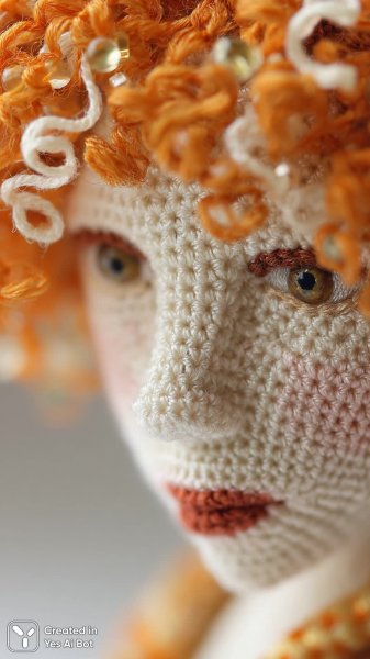 Лицо вязаной куклы: детали и очарование рукоделия. Картинка из нейросети Миджорни