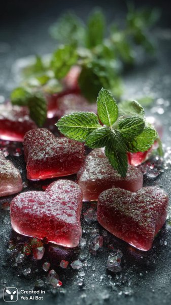 Изысканная композиция сахарных сердец и мяты на темном фоне. Изображение из нейронной сети Миджорни