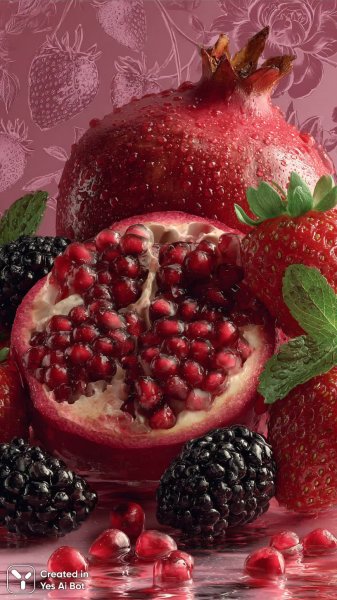 Сочные гранаты и ягоды в гиперреалистичной композиции. Изображение из нейронной сети Midjourney