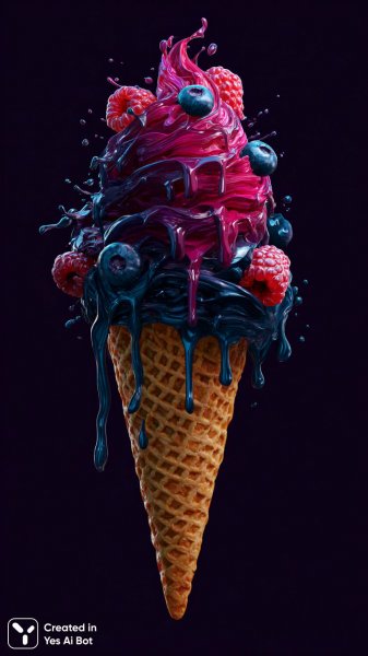 Яркое мороженое с ягодами и стекающей краской на черном фоне. Нейронная сеть Midjourney