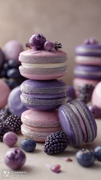 Фиолетовые макаруны с ягодами: фотореалистичный рендер в Octane. Картинка из нейросети Миджорни