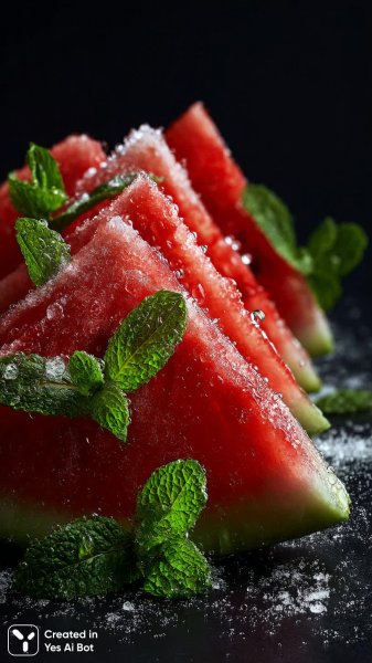 Сочные арбузные ломтики на черном фоне с мятой и яркими красками. Нейронная сеть Миджорни