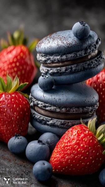 Яркие макаруны с ягодами клубники и черники в стиле гиперреализма. Нейронная сеть Midjourney