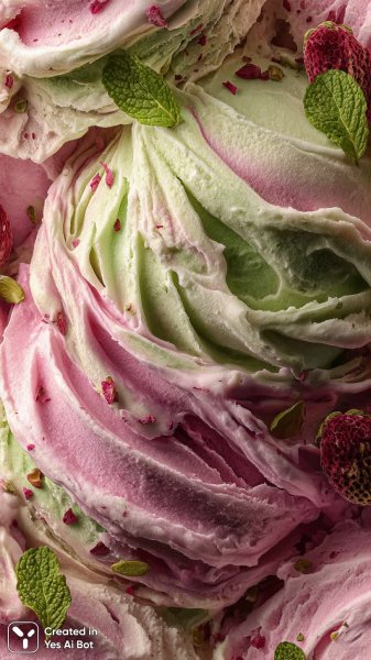 Тающее наслаждение: розовое и зелёное мороженое в летнем раю. Изображение из нейросети Midjourney