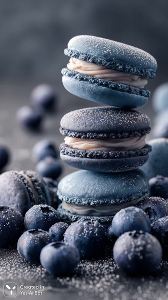Изысканная композиция макарон и черники на мраморе. Генерация из нейронной сети Midjourney