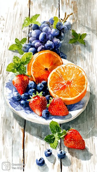 Яркий натюрморт с фруктами и ягодами на деревянном столе. Изображение из нейронной сети Midjourney