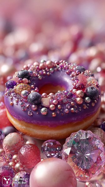 Фиолетовый пончик с ягодной глазурью и яркими конфетами. Картинка из нейросети Midjourney