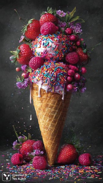Яркое наслаждение: реалистичное мороженое с ягодами и посыпкой. Изображение из нейросети Midjourney