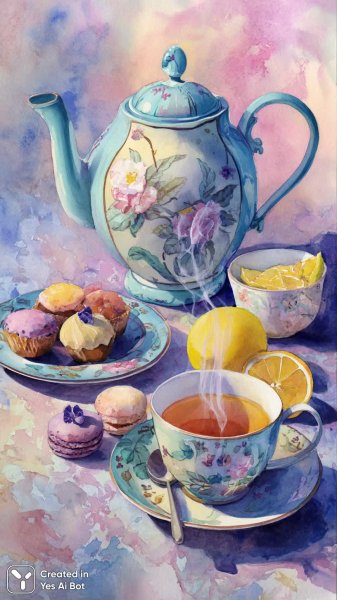 Уютное чаепитие: акварельный натюрморт с чайником и сладостями. Картинка из нейросети Midjourney
