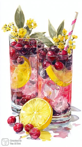 Яркие ягоды и цветы в стеклянных бокалах: игривый натюрморт в технике туши. Генерация из нейронной сети Midjourney