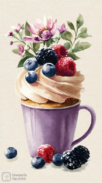 Изысканный капкейк с шоколадным узором и ягодами в фиолетовой чашке. Картинка из нейронной сети Миджорни