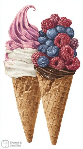 Яркие вафельные рожки с мороженым: летнее наслаждение и фруктовая сказка. Нейронная сеть Миджорни
