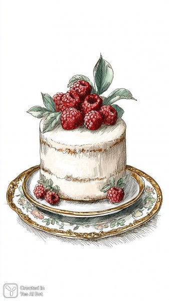 Изысканный десерт: воздушный торт с малиной и нежным кремом на золотом блюде. Генерация из нейросети Midjourney