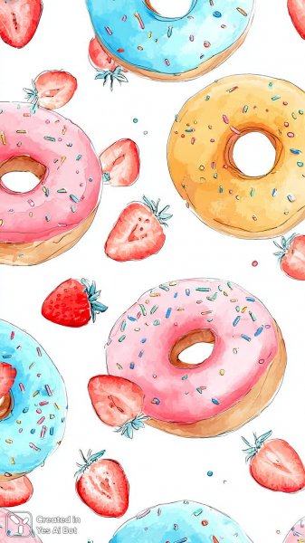 Яркий пончик с посыпкой и клубникой на белом фоне: аппетитный рисунок акварелью. Изображение из нейросети Midjourney