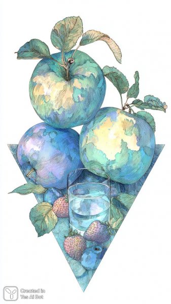 Яркая композиция из трех яблок и клубники на белом фоне. Изображение из нейронной сети Midjourney