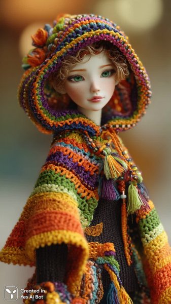 Яркая кукла амигуруми в вязаной пончо – творческий шедевр из бисера и пряжи. Изображение из нейросети Midjourney