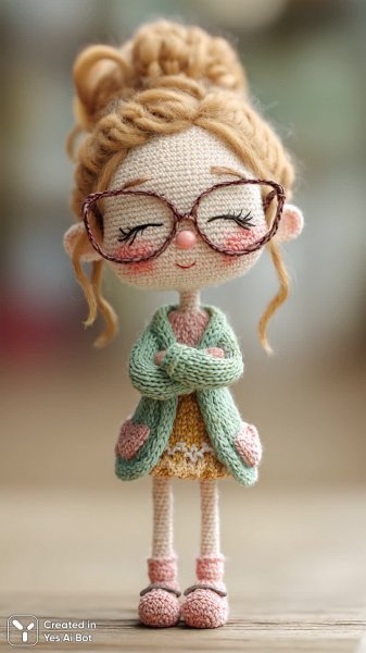 Милая вязаная кукла в стиле чиби с большими очками. Генерация из нейронной сети Midjourney