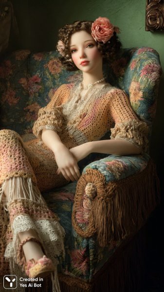 Кукла в винтажном кружевном платье: очарование старых времён и тонкая работа с пряжей. Генерация из нейронной сети Миджорни