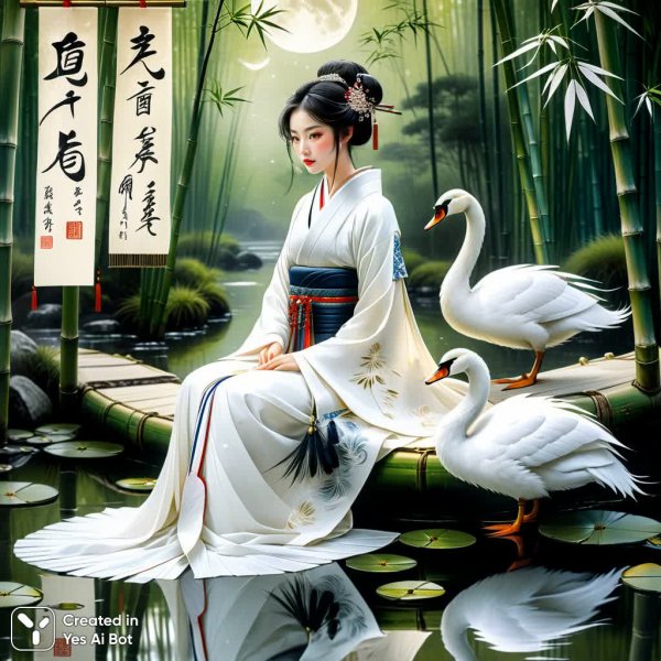 Лунный дева: японская мифология и изящная каллиграфия на рисовой бумаге в бамбуковом пейзаже. Нейронная сеть Stable Diffusion