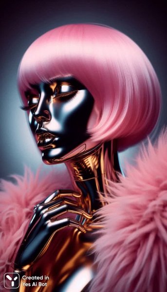 Хромированная футуристическая женщина в розовом мехе. Нейронная сеть Dalle-3