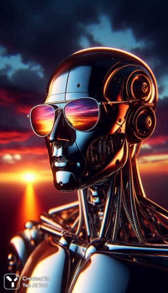 Хромированный киборг на фоне заката в стиле ретрофутуризма. Картинка из нейронной сети Dalle