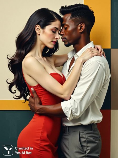 Нежная близость в стиле кубизма: объятие любви и гармонии. Картинка из нейросети Flux.1