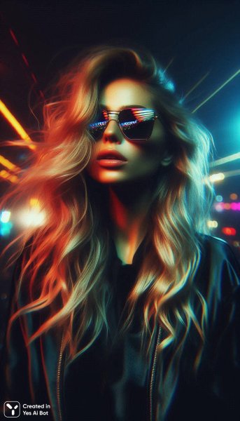 Неоновый блеск безумия: стильная блондинка в мире глитча и ярких огней. Картинка из нейронной сети Dalle