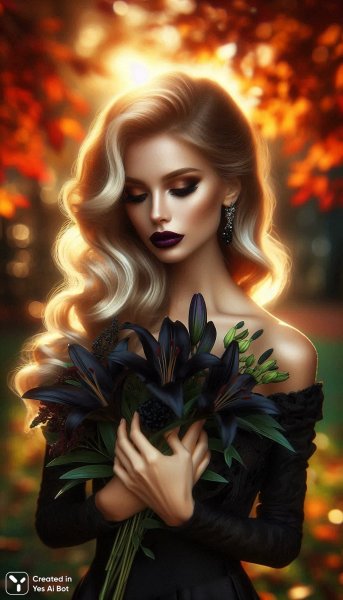 Осенняя элегия: блондинка с лилиями в свете заката. Генерация из нейросети Dalle-3