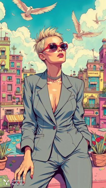 Яркая мода и смелый образ на крыше города. Нейросеть Flux