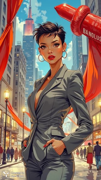 Город моды: дерзкая стилистка в сером костюме и алом акценте. Изображение из нейросети Flux 1