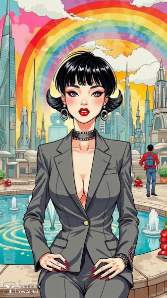 Городские грёзы: дерзкая мода и искусство в футуристическом пейзаже. Изображение из нейросети Flux.1