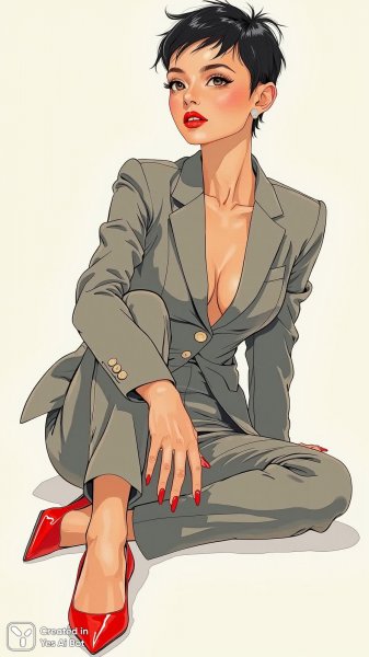 Эротика силы: современная нимфо в сером костюме и алых акцентах. Картинка из нейросети Flux