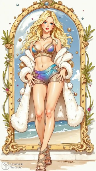 Блондинка в голографических шортах и меховом пальто: дерзкий образ с юмором. Изображение из нейронной сети Flux 1