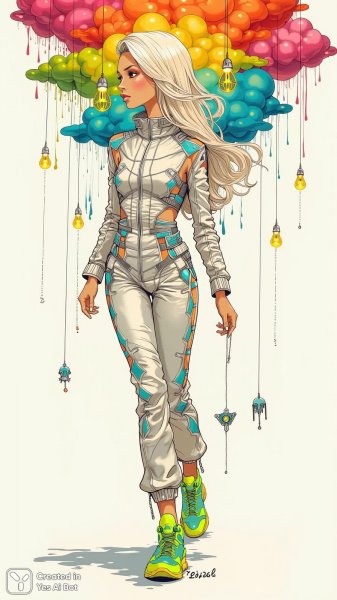 Неоновая футуристика: блондинка в серебристом комбинезоне и радужный мир. Нейросеть Flux.1