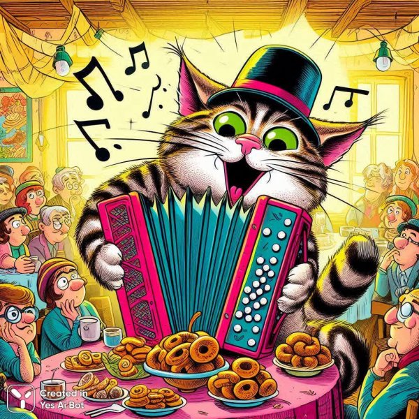 Кот-баянист с динамитом: концерт для самых незаинтересованных зрителей. Изображение из нейросети Dalle 3
