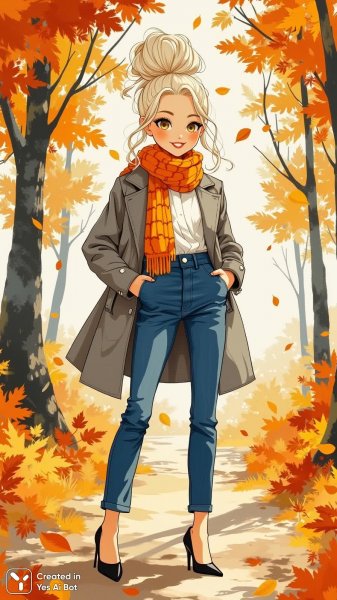 Осенняя элегантность: яркий образ платиноблонд красотки в осеннем пейзаже. Картинка из нейронной сети Flux.1
