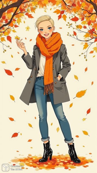 Осенняя мода: стильная блондинка в ярком образе и фантастическом пейзаже. Нейросеть Flux 1