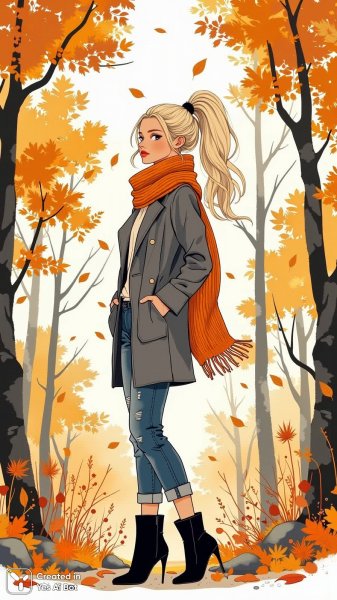 Осеннее настроение: яркая красотка в стильном городском образе и осеннем пейзаже. Нейросеть Flux.1