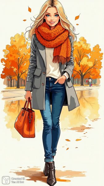 Осенний стиль и улыбка: яркий образ модной девушки в пальто и шарфе. Картинка из нейросети Flux Ai