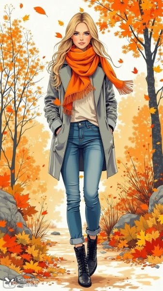 Яркая осень и мода: стильный образ в неоновых тонах. Изображение из нейронной сети Flux.1
