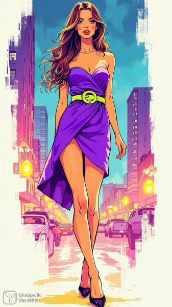 Неоновый шик: мода и городские огни в ярком рисунке. Нейронная сеть Flux