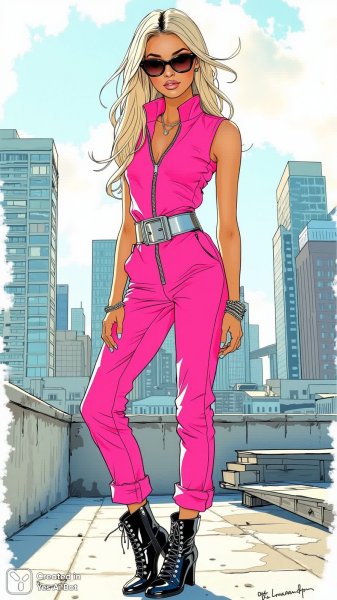 Неоновый силуэт на крыше города: мода и дерзкий взгляд. Нейронная сеть Flux.1