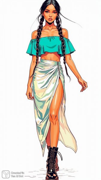 Неоновый шик: дерзкий образ с асимметричной юбкой и ботфортами. Изображение из нейросети Flux 1